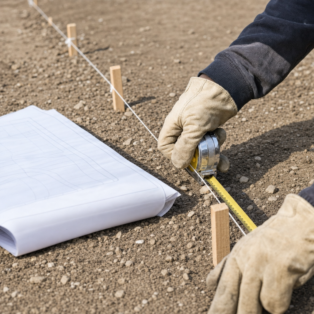 Gloved hands running a tape measure and site plan along a marked fence line to count linear footage