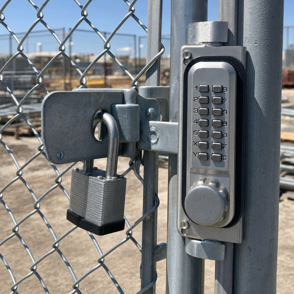 Heavy steel hasp and padlock securing a temporary fence gate, with keypad access hardware mounted on the gate frame